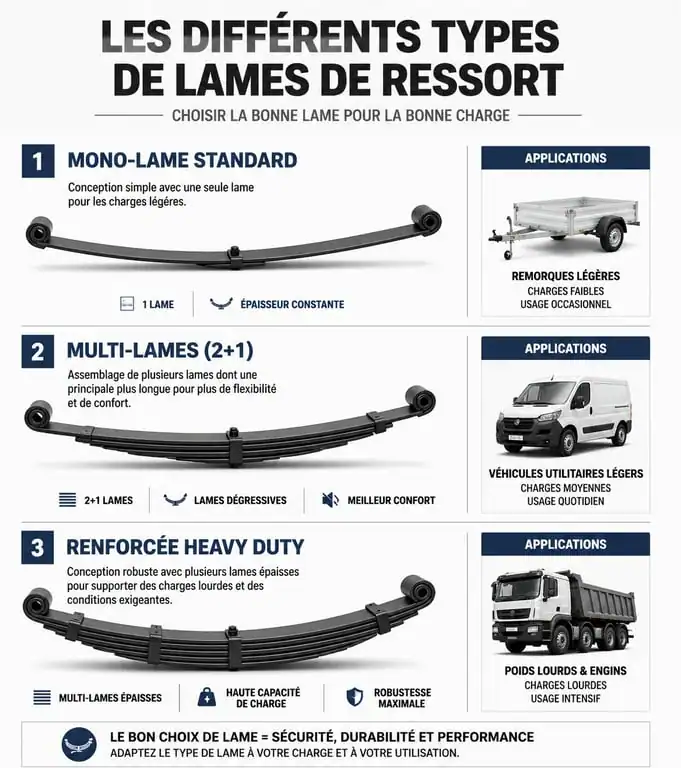 Infographie comparative des types de lames de ressort pour véhicules utilitaires et 4x4