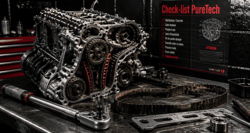 Moteur voiture PureTech 1.2 sur établi