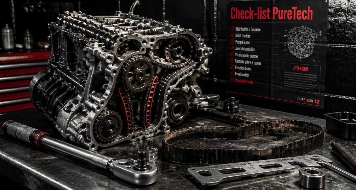 Moteur voiture PureTech 1.2 sur établi