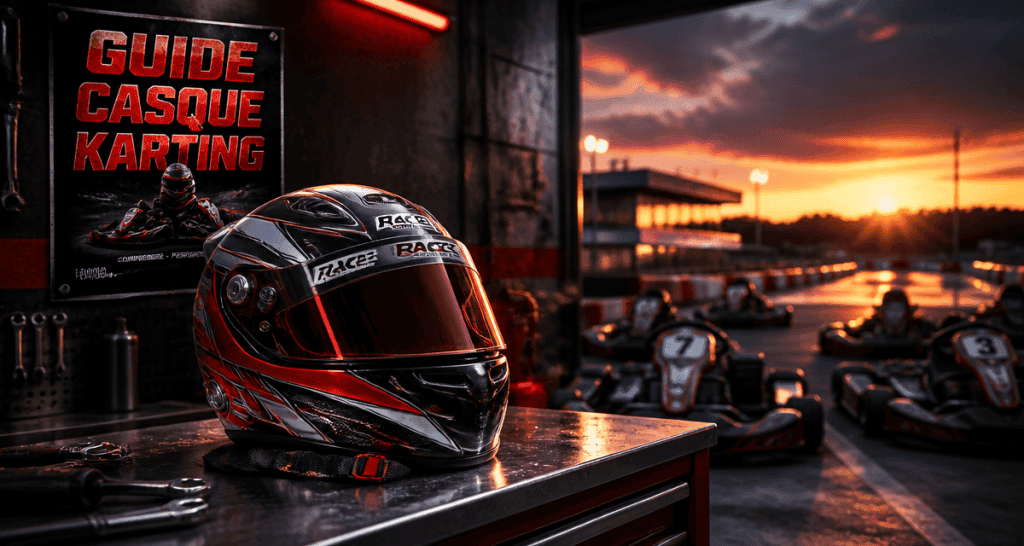 Casque karting premium sur table d’atelier, karts en fond