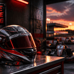 Casque karting premium sur table d’atelier, karts en fond