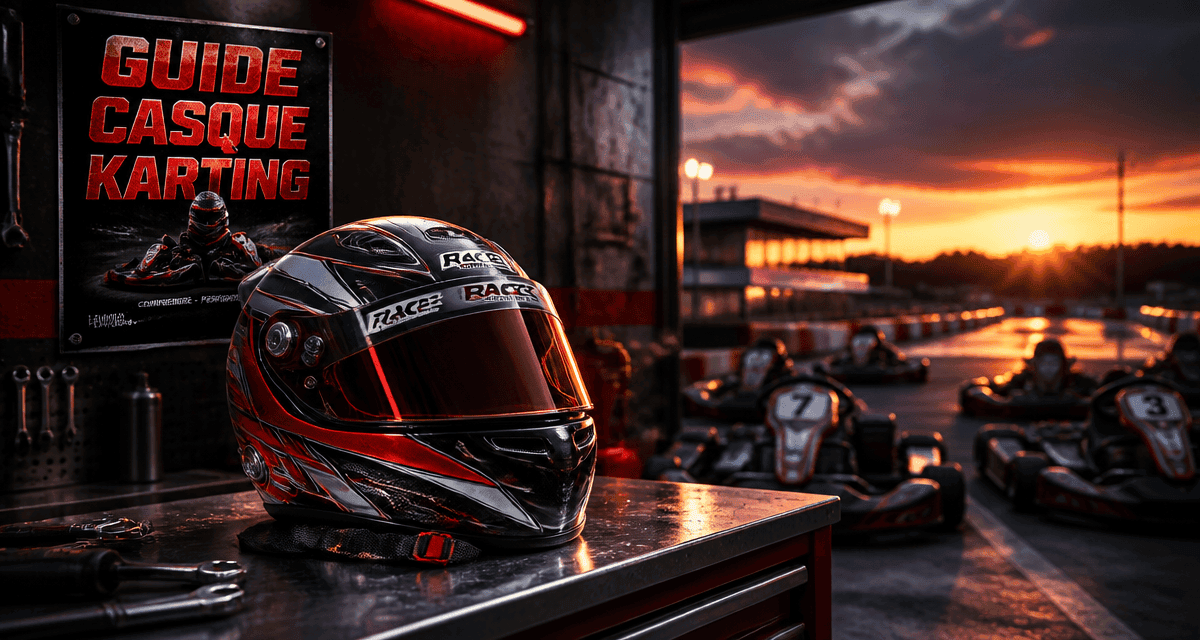 Casque karting premium sur table d’atelier, karts en fond