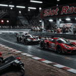 Circuit voiture electrique slot racing sur table avec voitures rouges et noires