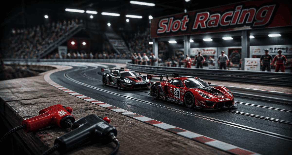 Circuit voiture electrique slot racing sur table avec voitures rouges et noires