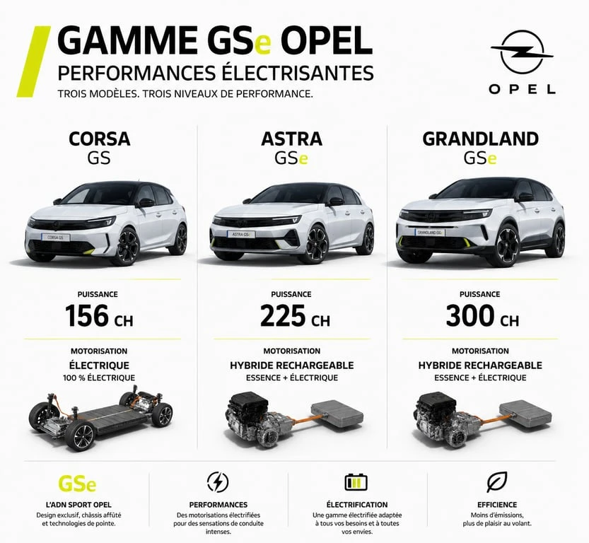 Infographie comparative des modèles Opel sport : Corsa GS, Astra GSe et Grandland GSe