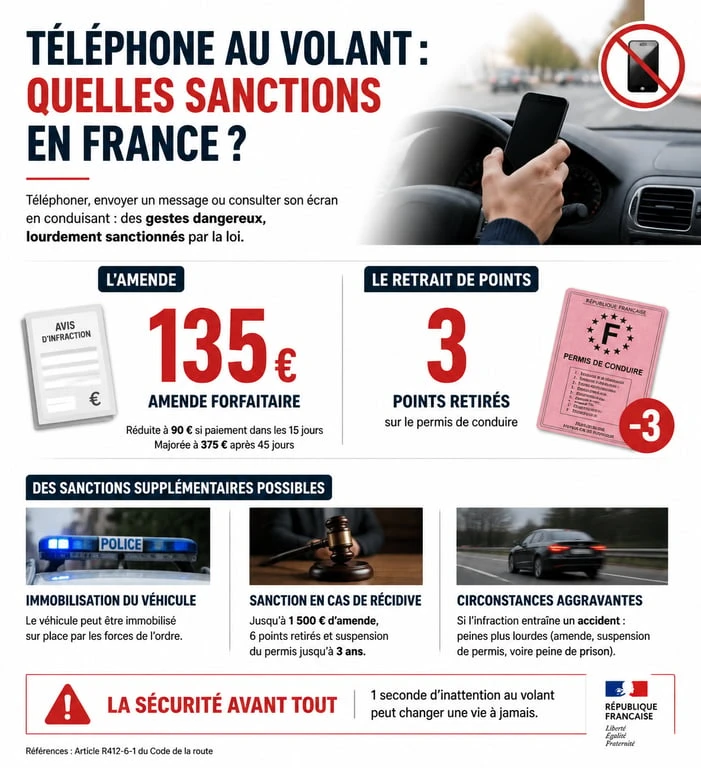 Infographie des sanctions pour usage du téléphone en voiture : amende et retrait de points