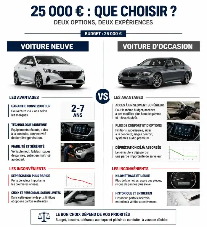Infographie comparative : voiture neuve vs occasion pour un budget de 25000 euros