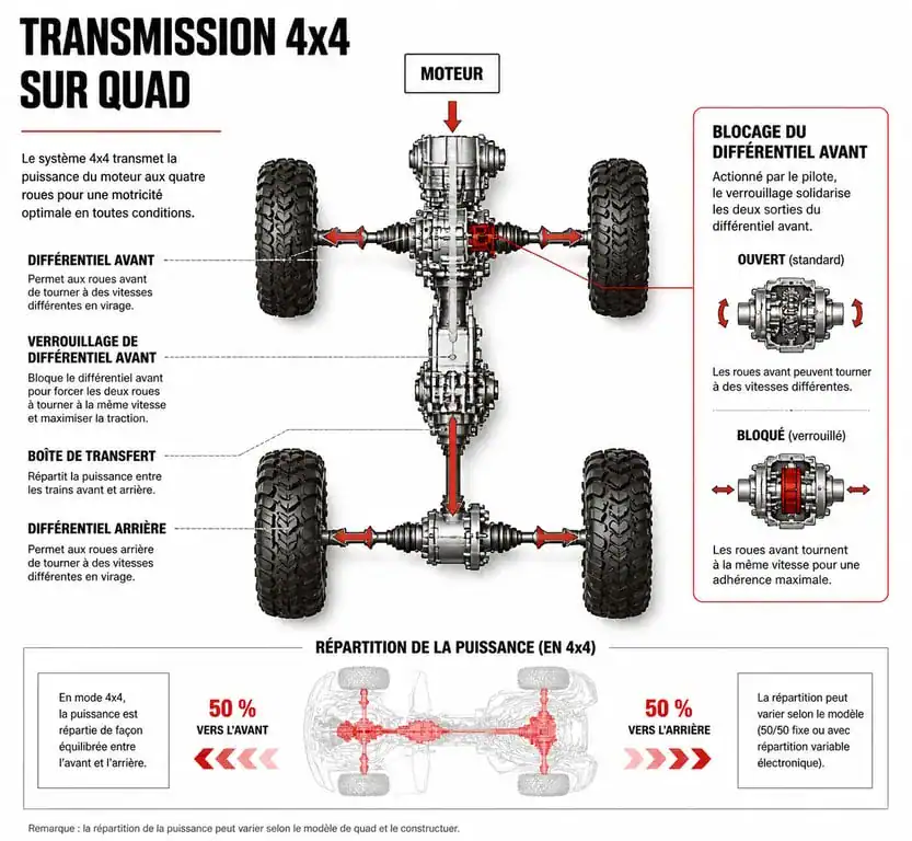 Schéma technique du fonctionnement d'une transmission 4x4 sur un quad pour comprendre la motricité