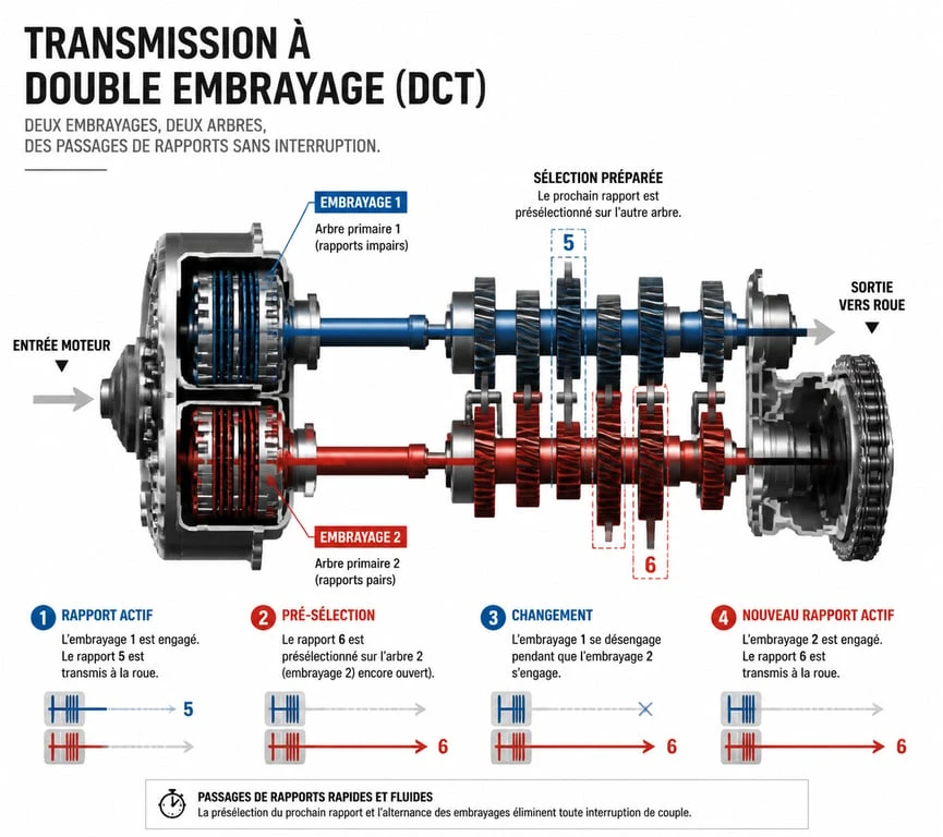 Schéma de fonctionnement d'une transmission automatique DCT pour moto