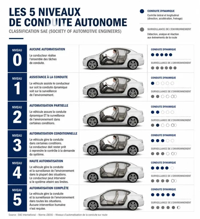 Infographie des 5 niveaux de conduite autonome SAE, expliquant la progression de l'assistance à la conduite totale.