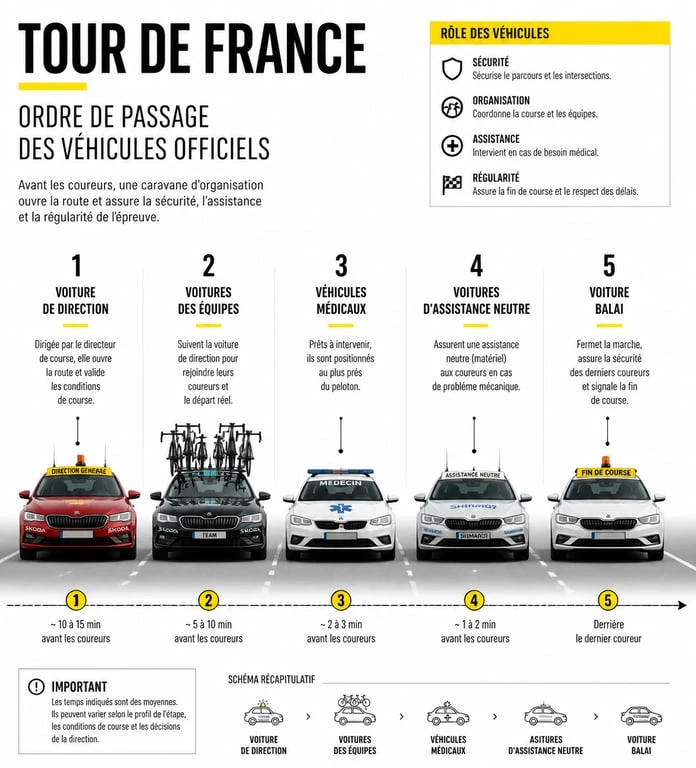 Schéma de l'organisation des voitures du Tour de France sur la route