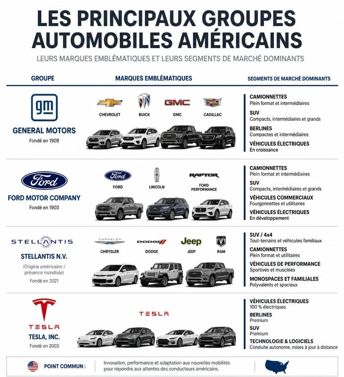Infographie des principaux constructeurs automobiles aux USA et leurs marques