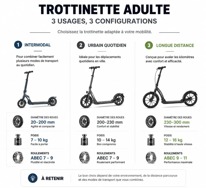 Infographie comparative des critères techniques pour choisir sa trottinette adulte selon l'usage