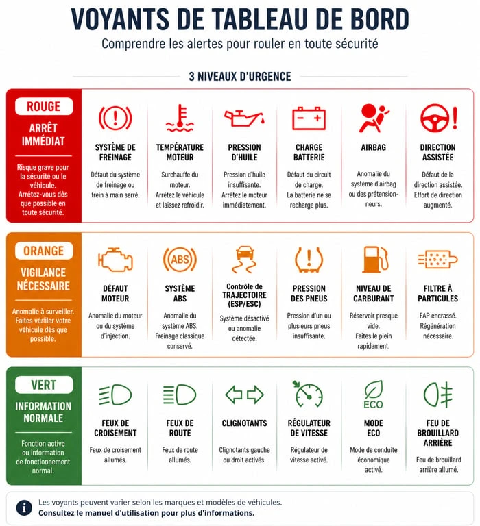 Infographie des voyants de tableau de bord et leur signification pour la sécurité routière