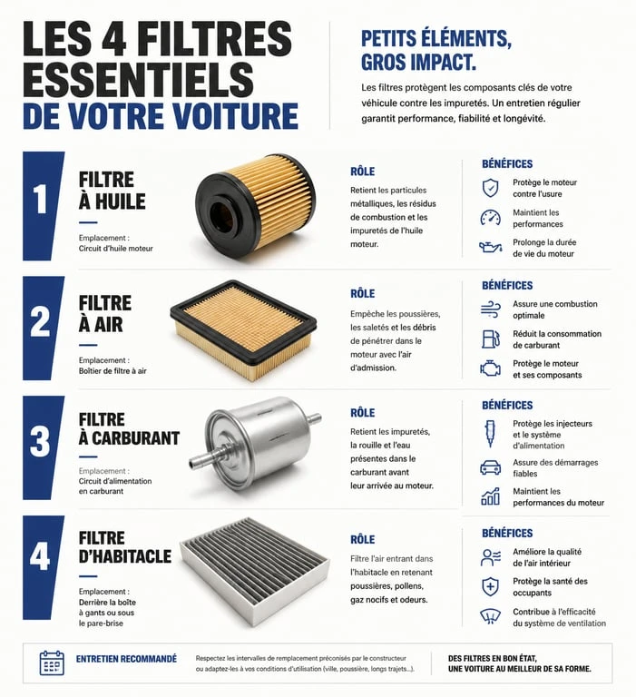 Infographie des 4 filtres pour une vidange avec tous les filtres prix