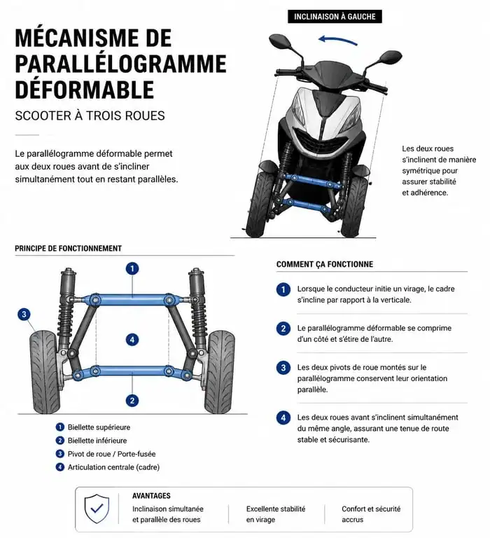 Schéma du mécanisme de suspension à parallélogramme déformable d'un scooter 2 roues avant pour une meilleure stabilité.