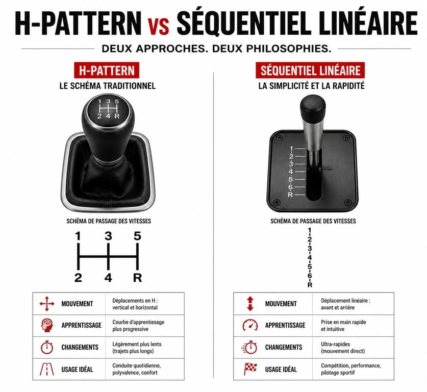 Comparaison visuelle entre une grille de boîte manuelle en H et une boîte de vitesses séquentielle linéaire