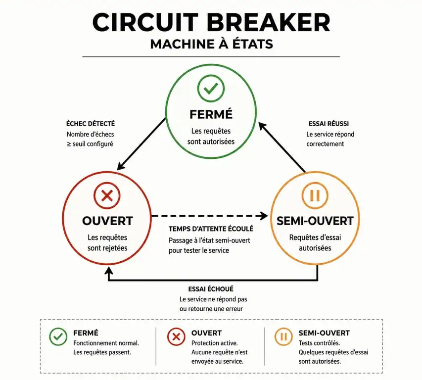 Schéma explicatif de la machine à états du pattern Circuit Breaker en informatique