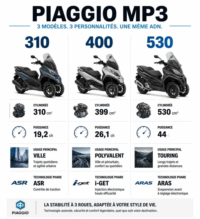 Infographie comparative des modèles de scooter Piaggio MP3 310, 400 et 530