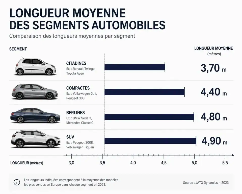Infographie comparative des longueurs de voitures par segment pour aider au choix d'un véhicule