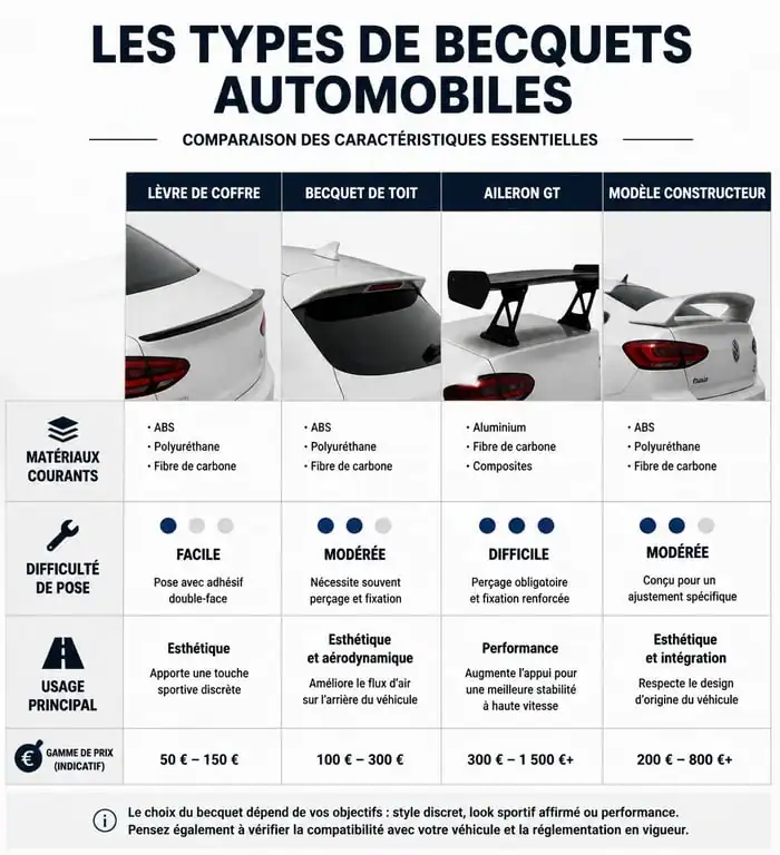 Comparatif des types de becquets voiture : lèvre de coffre, becquet de toit, aileron GT et modèle constructeur