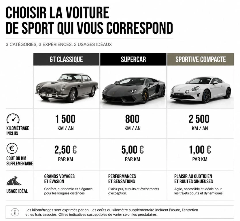 Comparatif des catégories de voitures de location sport : GT, Supercar et Sportive compacte