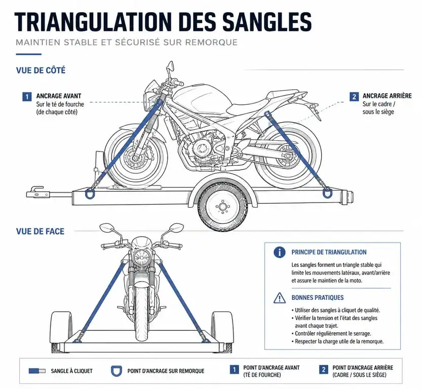 Schéma technique de sanglage d'une moto sur remorque pour un transport sécurisé