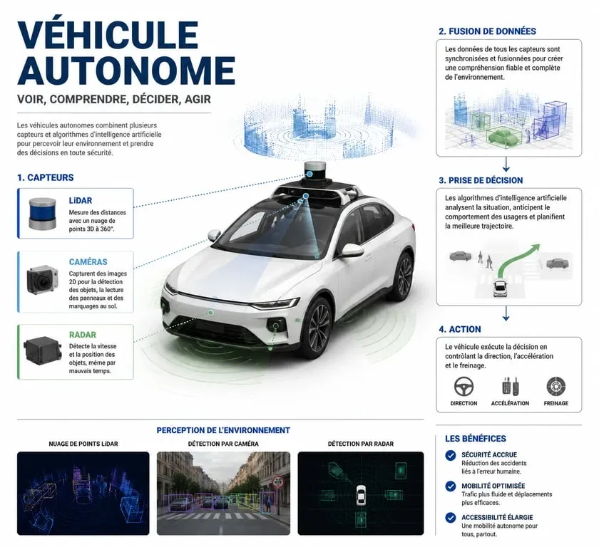 Schéma technique du fonctionnement d'un véhicule sans conducteur avec capteurs LiDAR et caméras