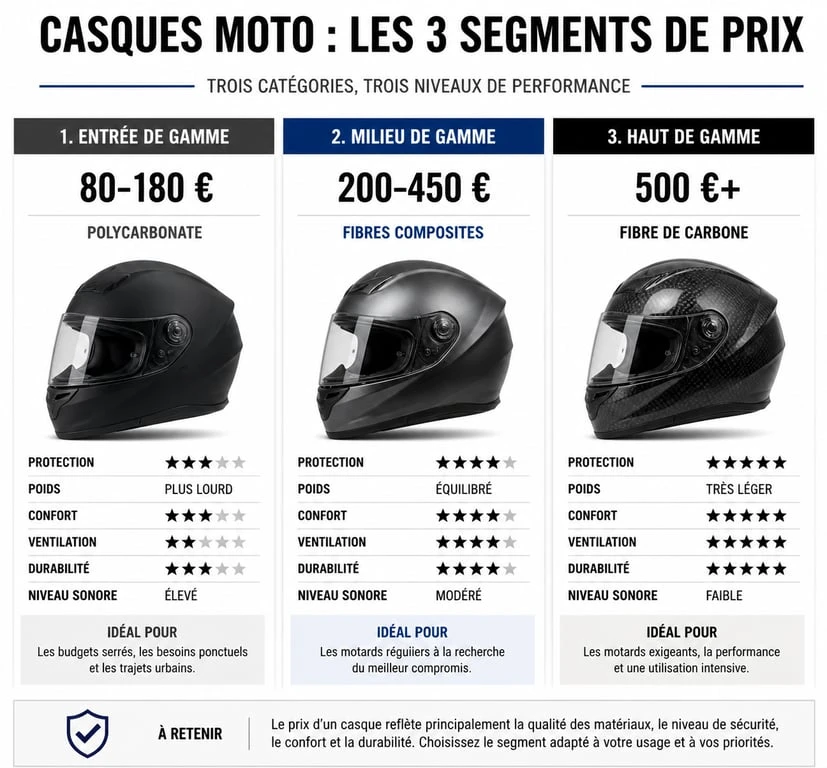 Infographie comparative des prix de casque moto selon les matériaux et la gamme