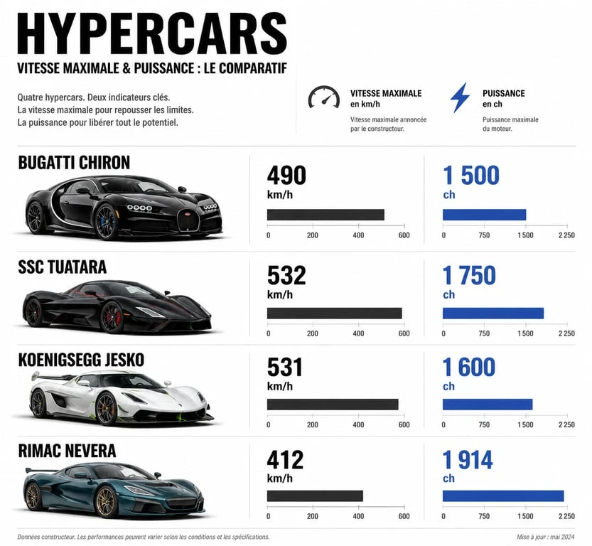 Infographie comparative des performances des voitures hypercars incluant puissance et vitesse maximale