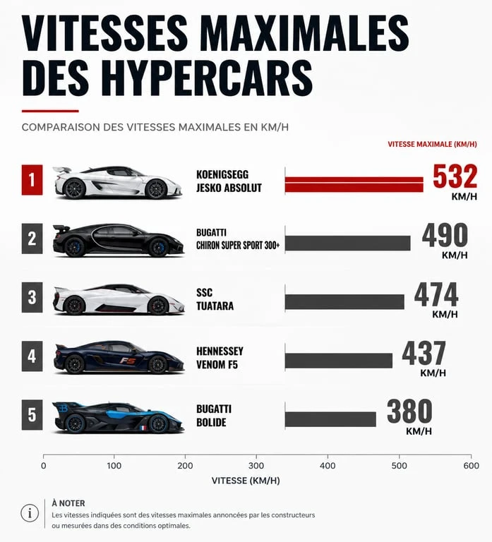 Infographie comparative des vitesses maximales des voitures les plus rapides du monde : Koenigsegg, Bugatti, SSC et Hennessey.