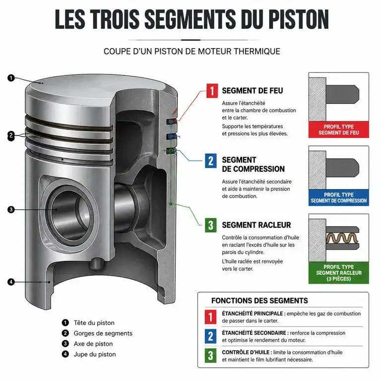 Schéma technique des trois segments de piston : feu, compression et racleur