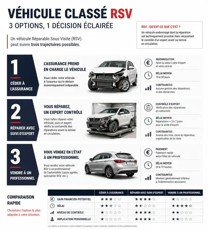 Infographie des options pour un véhicule classé RSV : cession, réparation ou vente à un professionnel