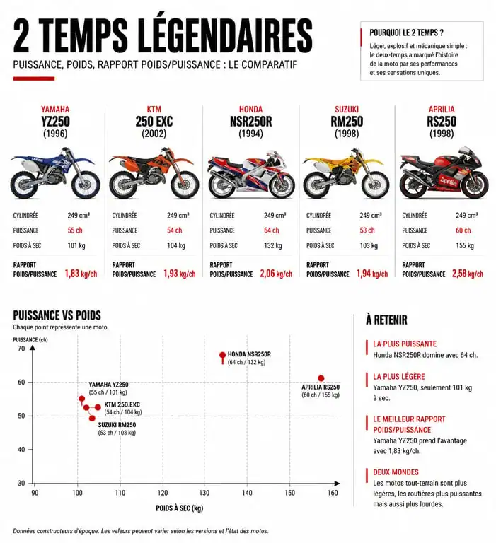 Infographie comparative des performances et caractéristiques techniques des motos 2 temps légendaires