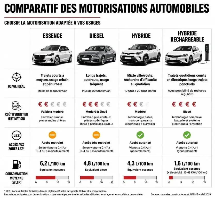 Infographie comparative des types de motorisation voiture : essence, diesel, hybride et électrique