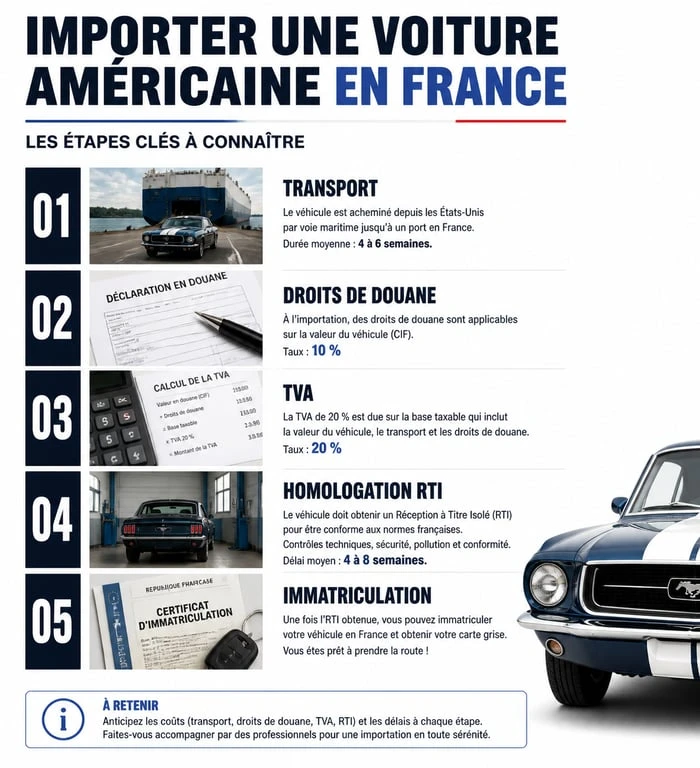 Infographie des étapes d'importation d'une voiture américaine en France