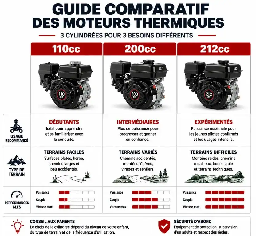 Comparatif des cylindrées de voiture thermique enfant 110cc, 200cc et 212cc
