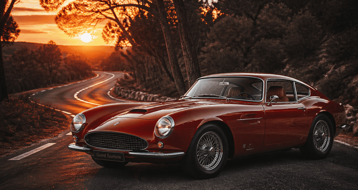 gt voiture classique sur route au coucher de soleil