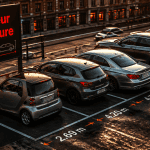 différentes voitures alignées selon leur longueur sur un parking urbain