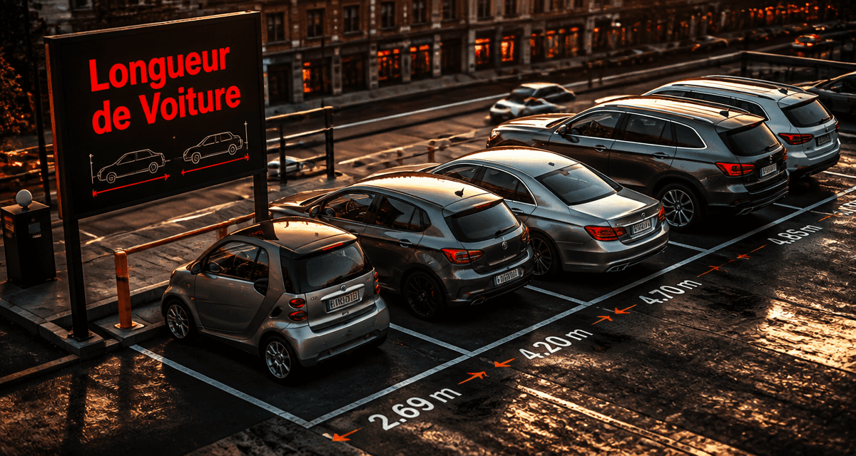 différentes voitures alignées selon leur longueur sur un parking urbain