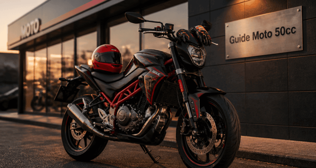 moto 50cc prix neuf moderne sur parking urbain