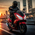 moto automatique rouge sur route urbaine