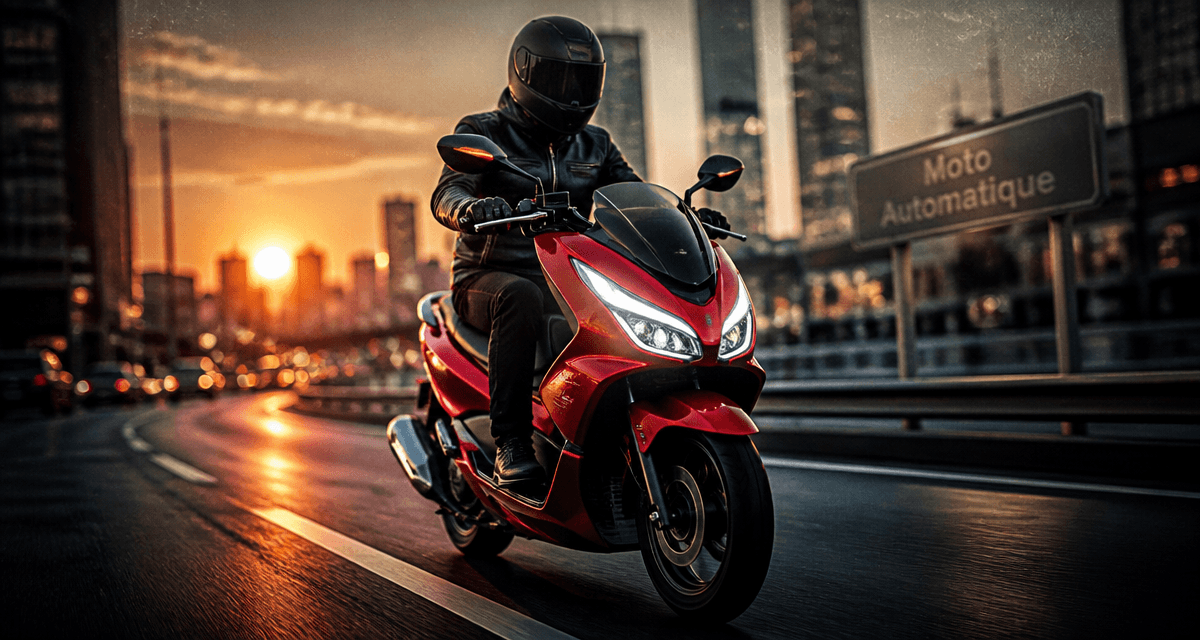 moto automatique rouge sur route urbaine