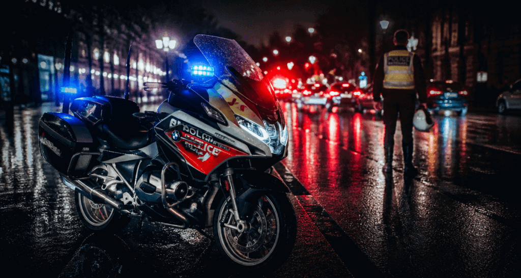 moto de police BMW arrêtée sur route mouillée