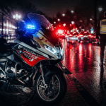 moto de police BMW arrêtée sur route mouillée