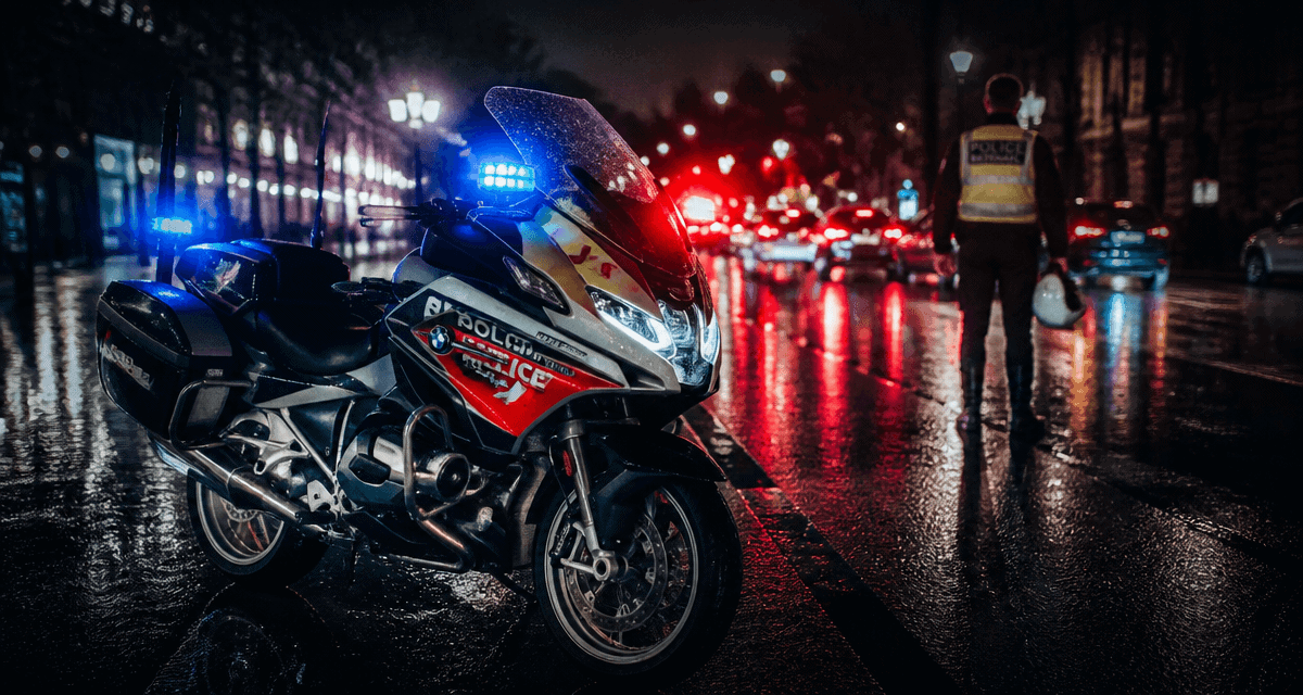 moto de police BMW arrêtée sur route mouillée