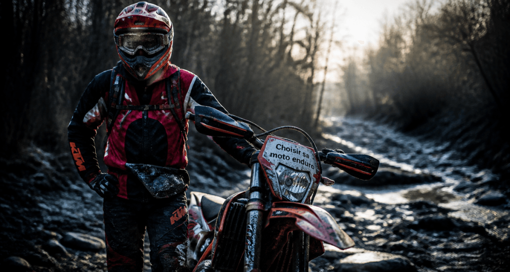 Pilote moto enduro boue forêt