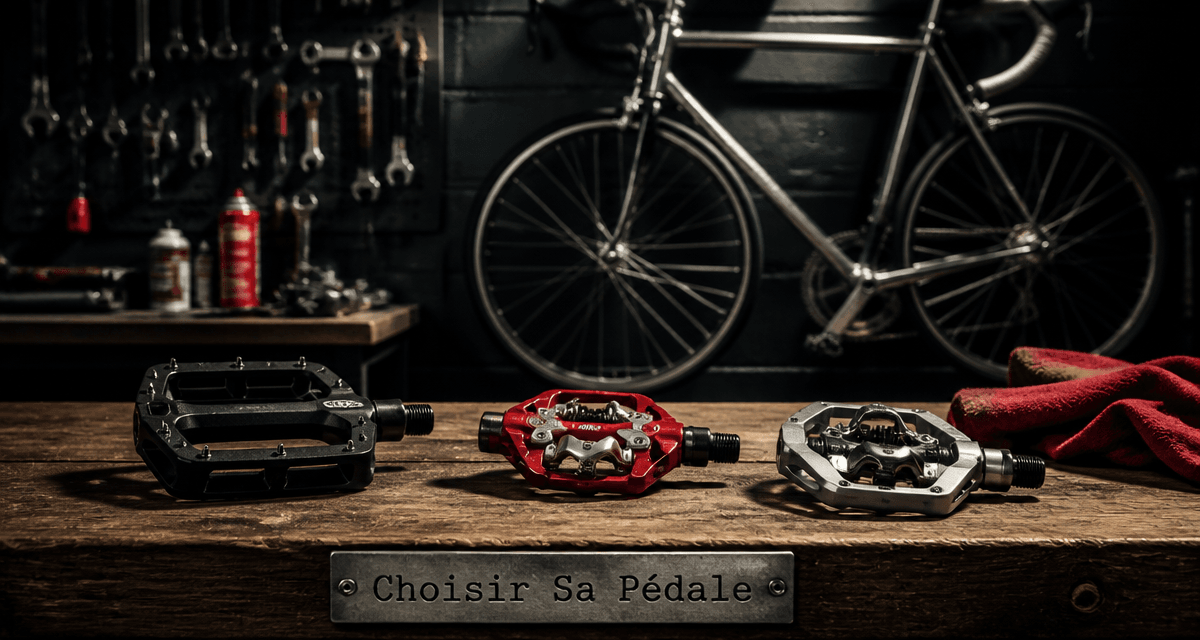 Trois pédales vélo sur table atelier