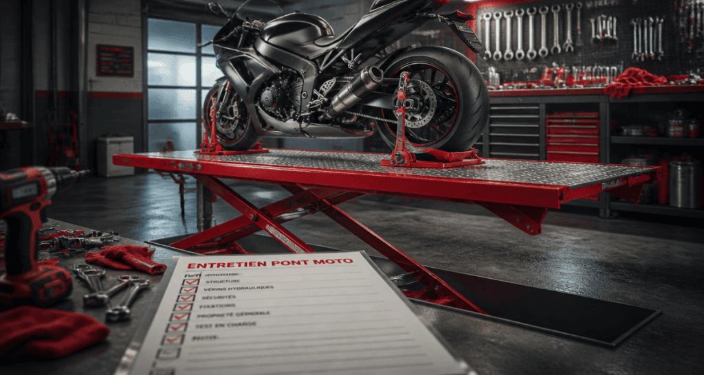 Pont moto rouge 450 kg dans garage moderne
