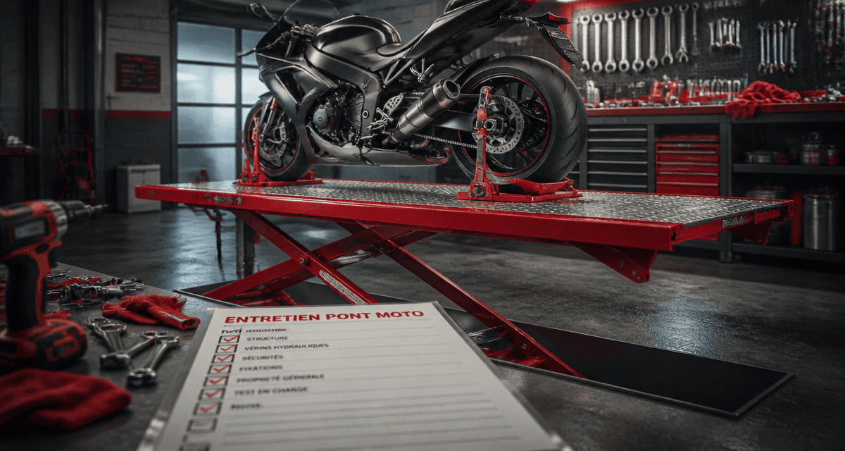 Pont moto rouge 450 kg dans garage moderne